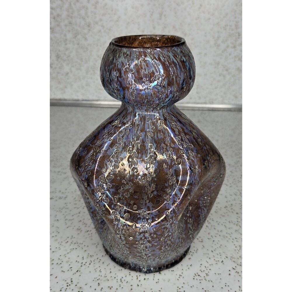 Antique Dugan Frit Art Glass Early 1900s Opal Crackle Pinched Vase 7" BEAUTIFUL!
